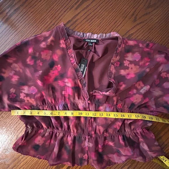 NEW Steve Madden Top L Hollis Pink Multicolor Muted Peplum Bishop Sleeves Button - Picture 10 of 11